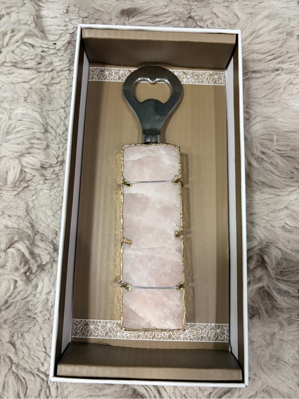 Rose Quartz Stone Bottle Opener with Gold Trim